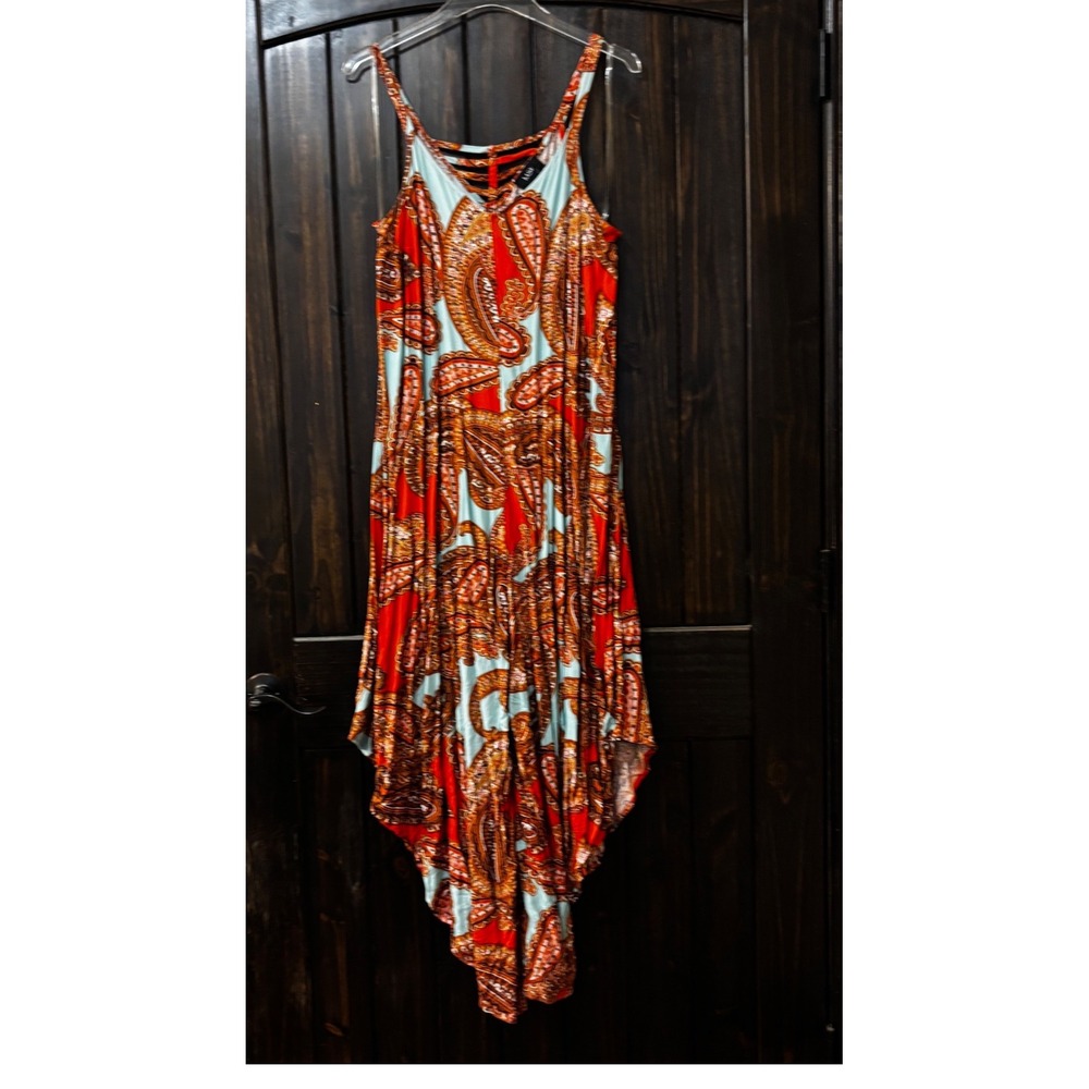 MSK Paisley Jumpsuit Women Large Orange Turquoise Wide Leg Handkerchief Hem New - Picture 2 of 11